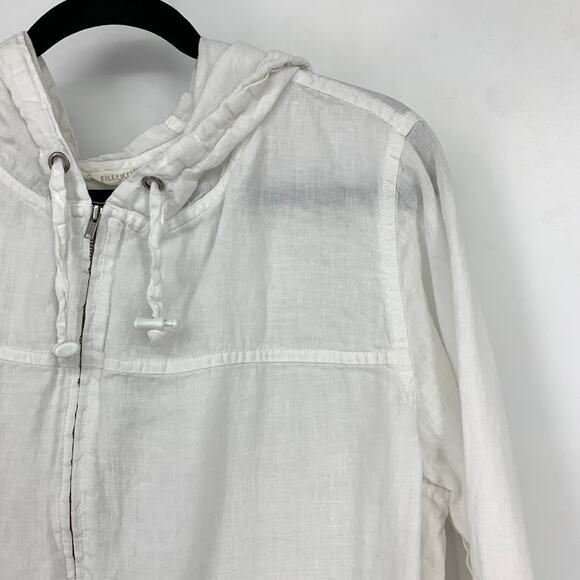 SOLD Eileen Fisher Zip Front Long Sleeve Hooded Linen Jacket Sz L White Cinch - Picture 4 of 7